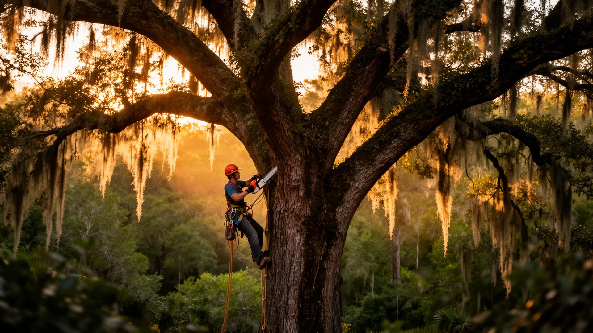 Certified arborist climbing a Southern live oak in South Carolina